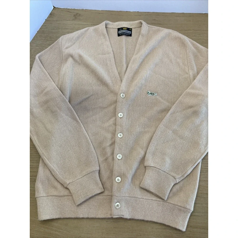 VTG 70s Crown Sportswear Mens Medium Beige Knit Cardigan Sweater Grandpa